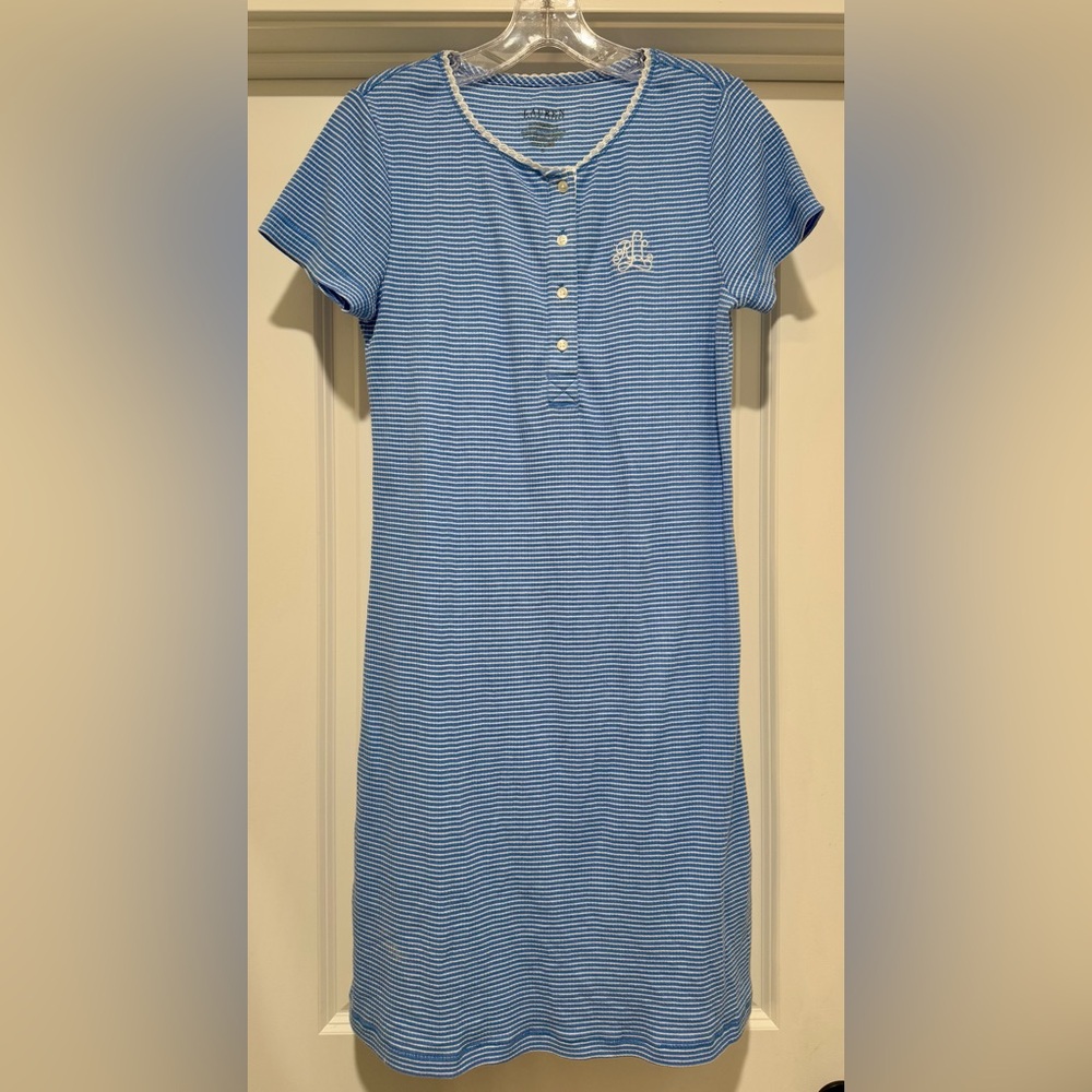 Lauren Ralph Lauren Women’s  Blue & White Striped Monogrammed Gown Size S‎ EUC